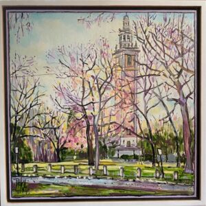 Carillon Tower 16″ x 16″ framed oil on wood