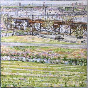 “Looking South Side RVA” 36″ x 36″ oil on wood 2020 framed