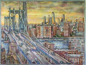 “Manhattan Bridge Sunset ” oil on canvas 38″ x 51″ 2020