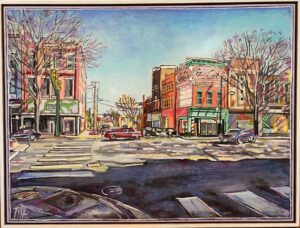 “On Broad” oil on wood 30″ x 40″ framed 2020