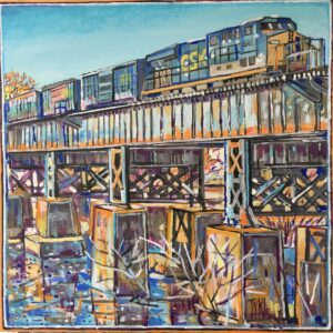 “CSX Railroad” oil on wood framed 30″ x 30″ 2020