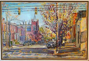 “Churchhill in RVA” 2018 oil on wood 24″ x 36″ framed 2