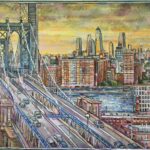 “Manhattan Bridge Sunset ” oil on canvas 38″ x 51″ 2020